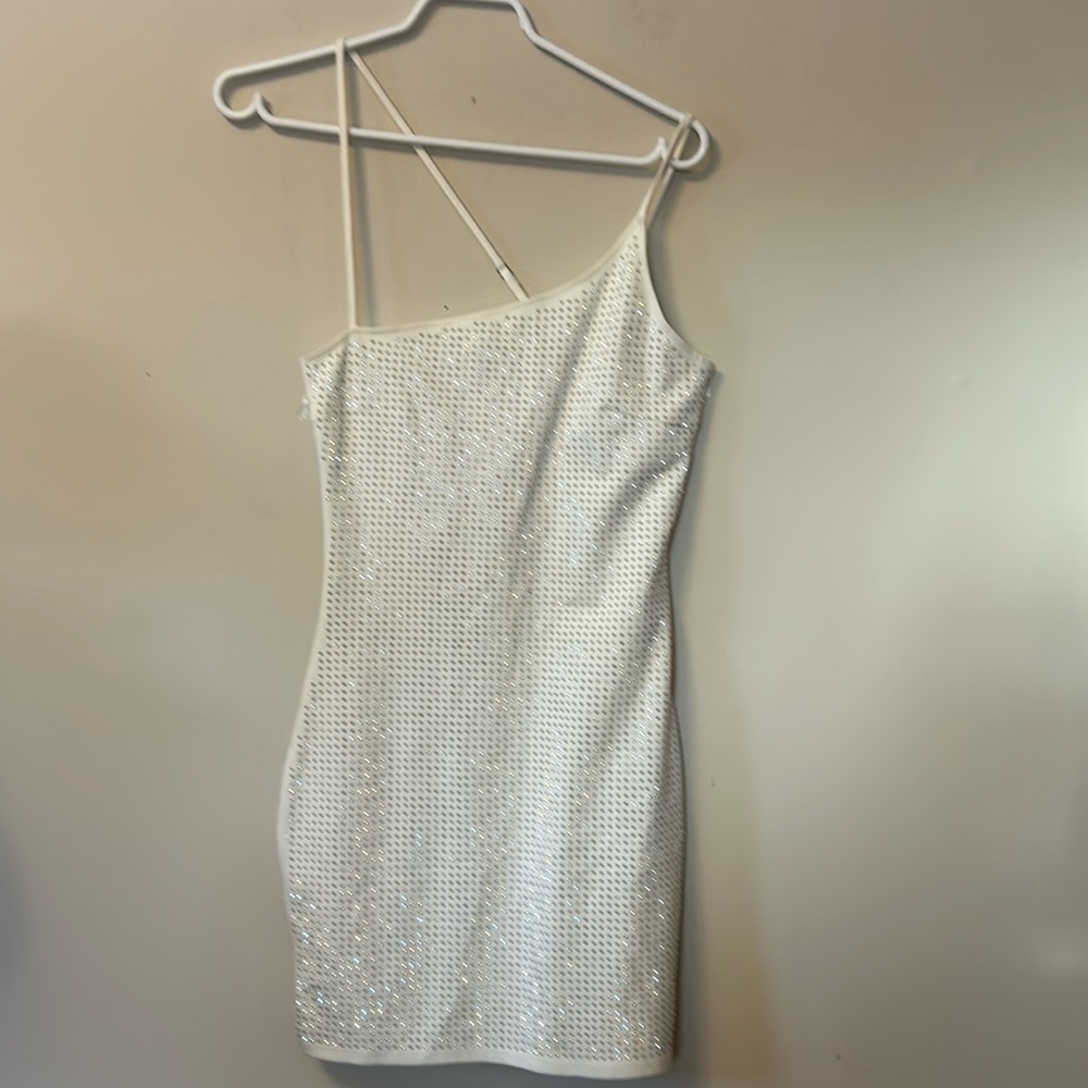 Fashion Nova cream colour metal studded off shoulder mini dress size large